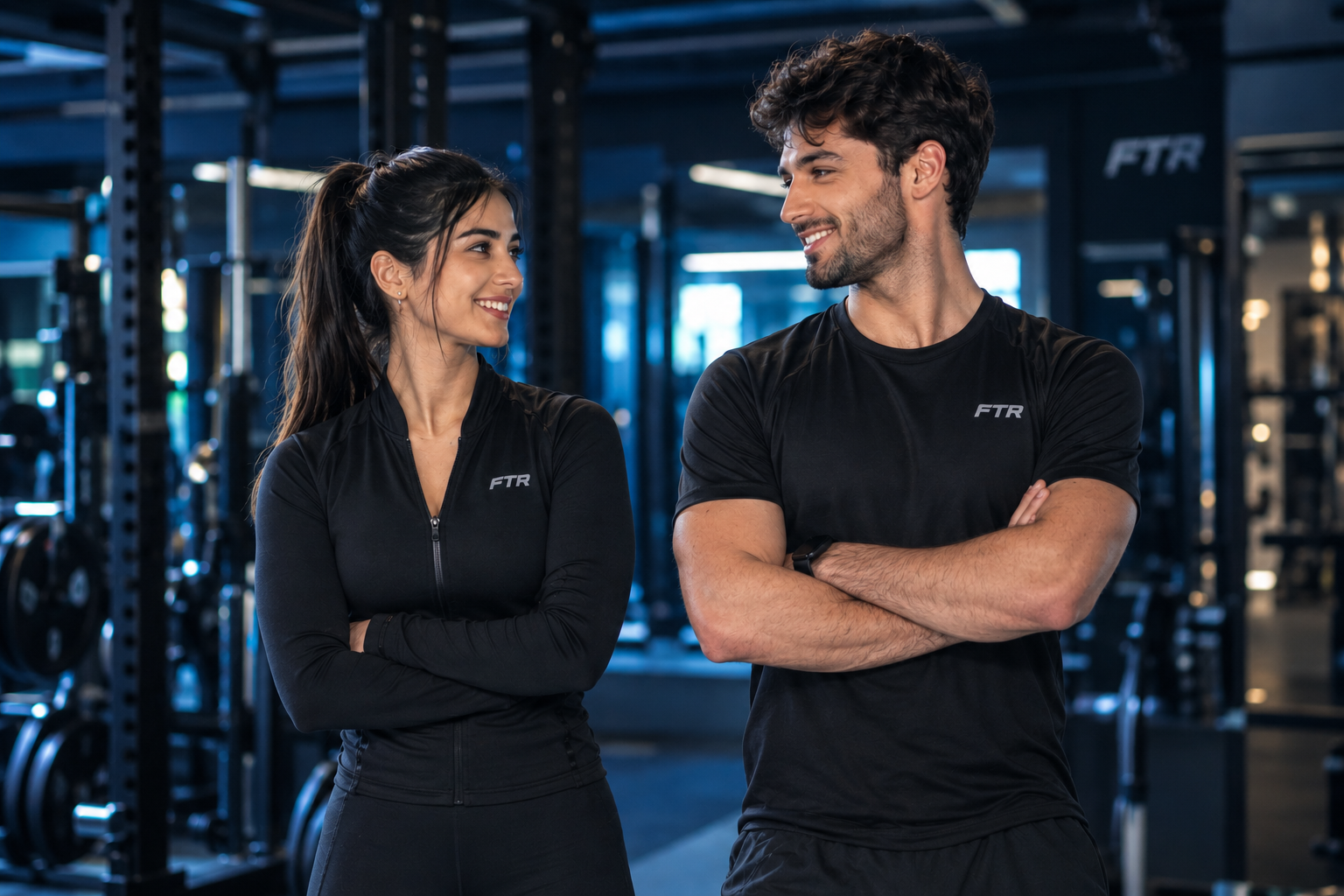An FTR personal trainer and client smiling together in the gym